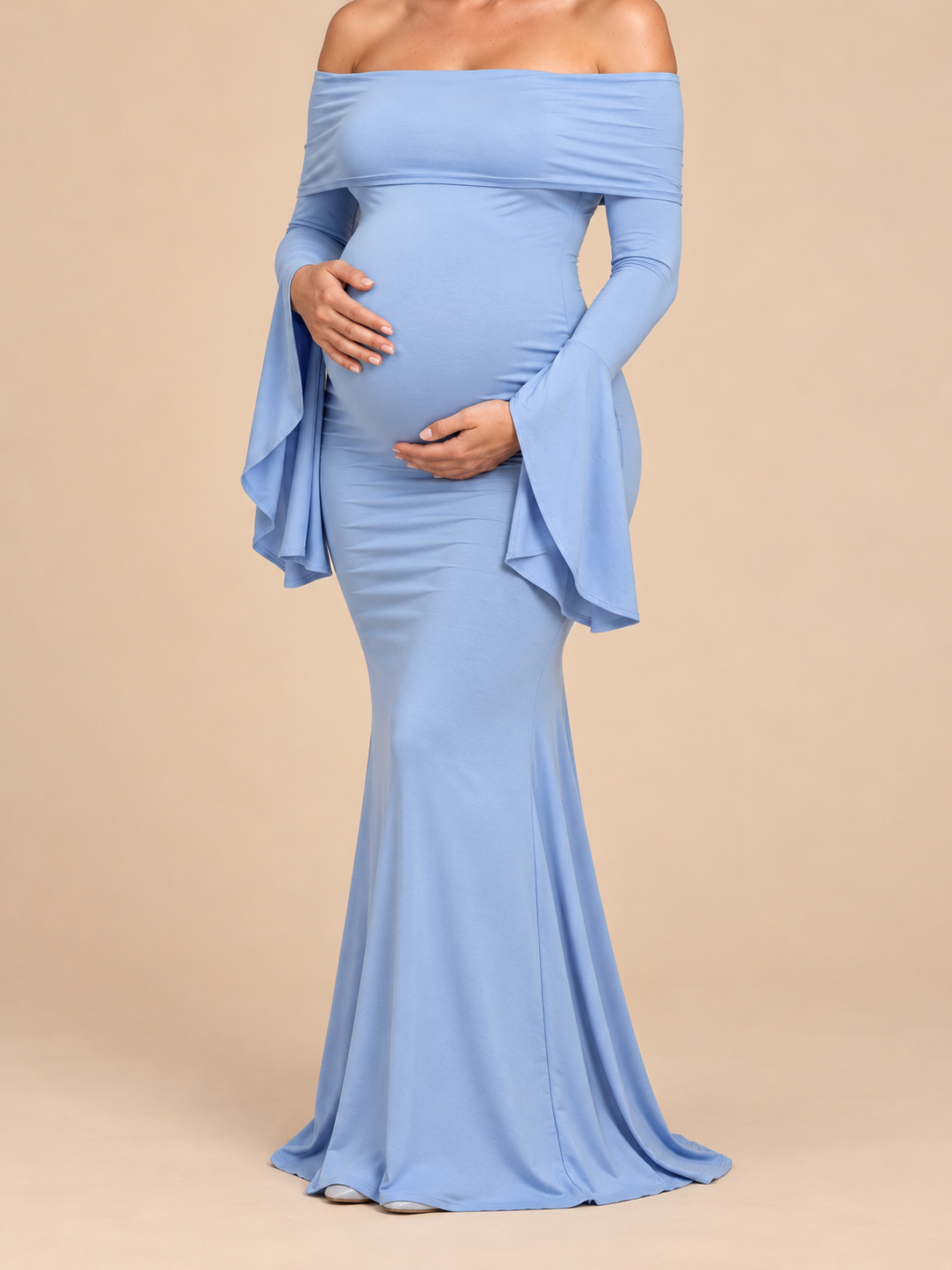 Arabella Periwinkle Blue maternity dress — close-up of hands resting on the bump