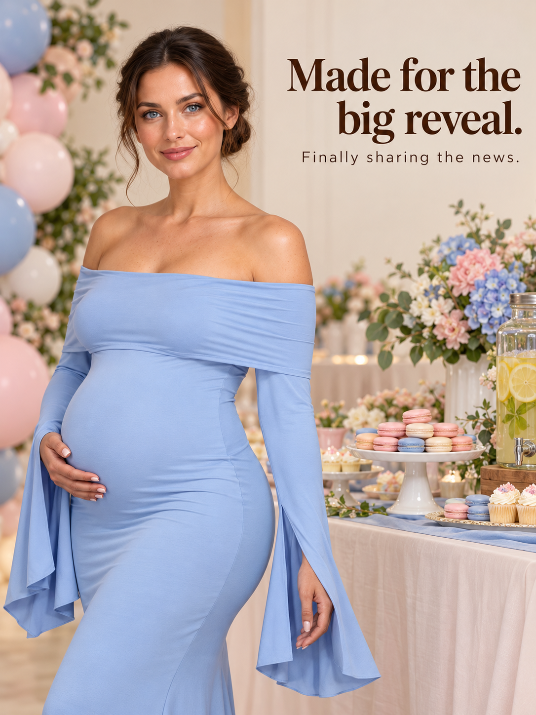 Arabella Periwinkle Blue maternity dress — standing beside pink and blue balloons outdoors