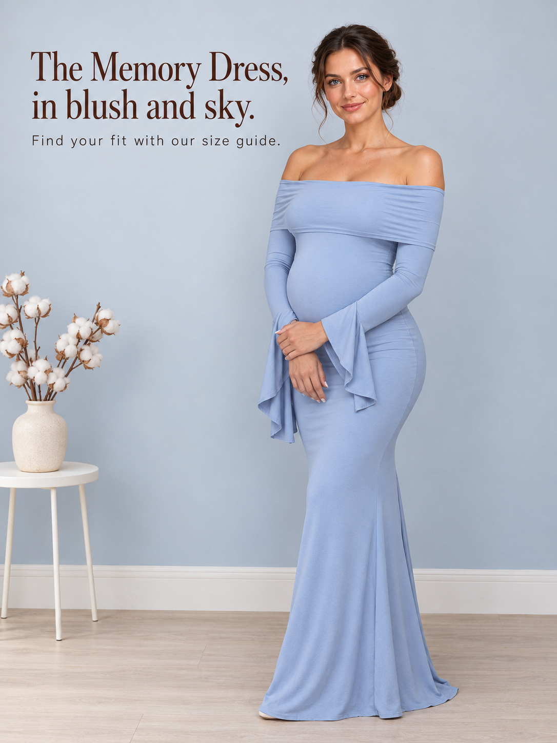 Arabella Periwinkle Blue maternity dress — standing in a modern interior