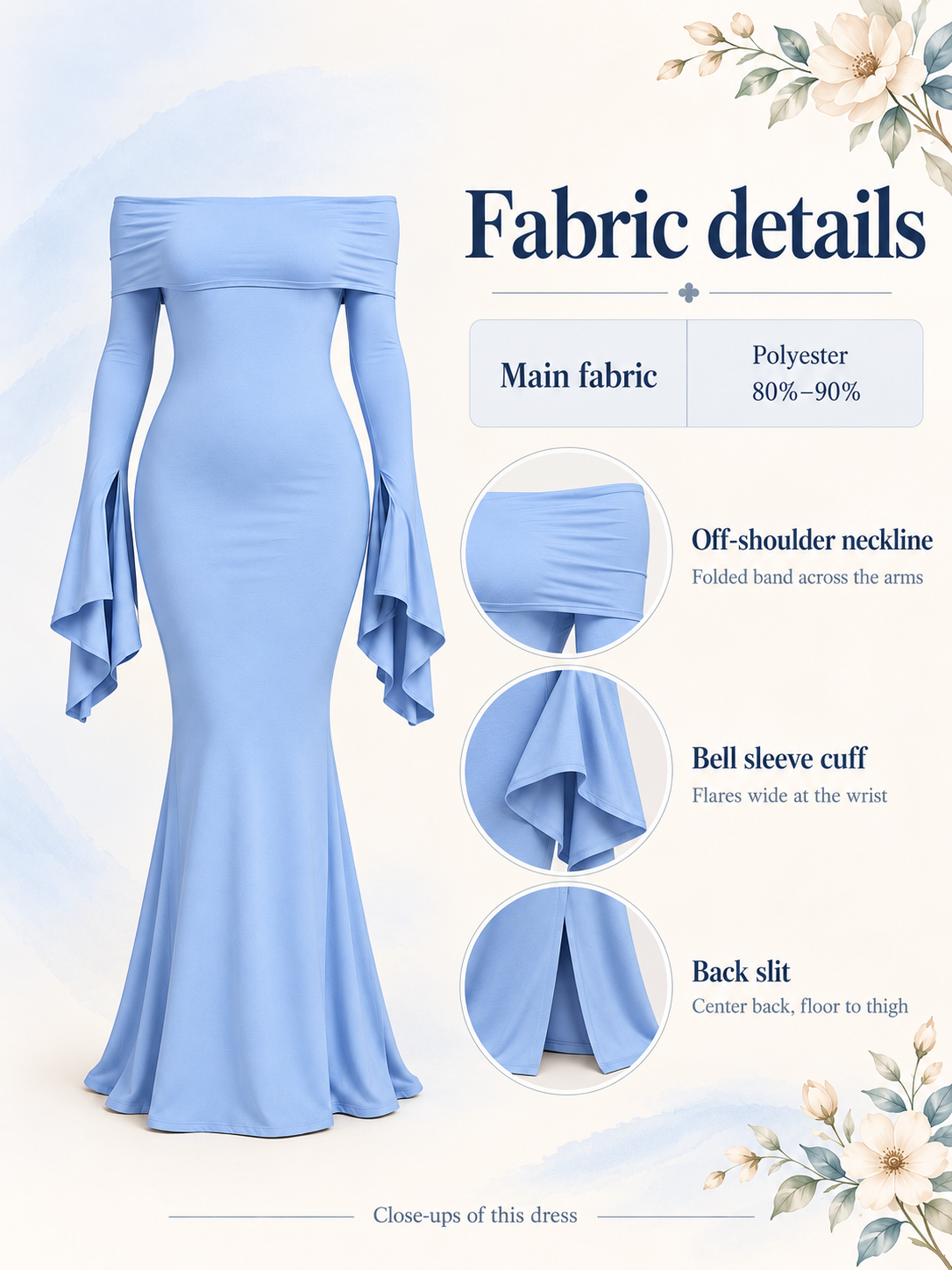 Arabella Periwinkle Blue maternity dress — material guide showing the fabric, off-shoulder neckline, bell cuff and back slit