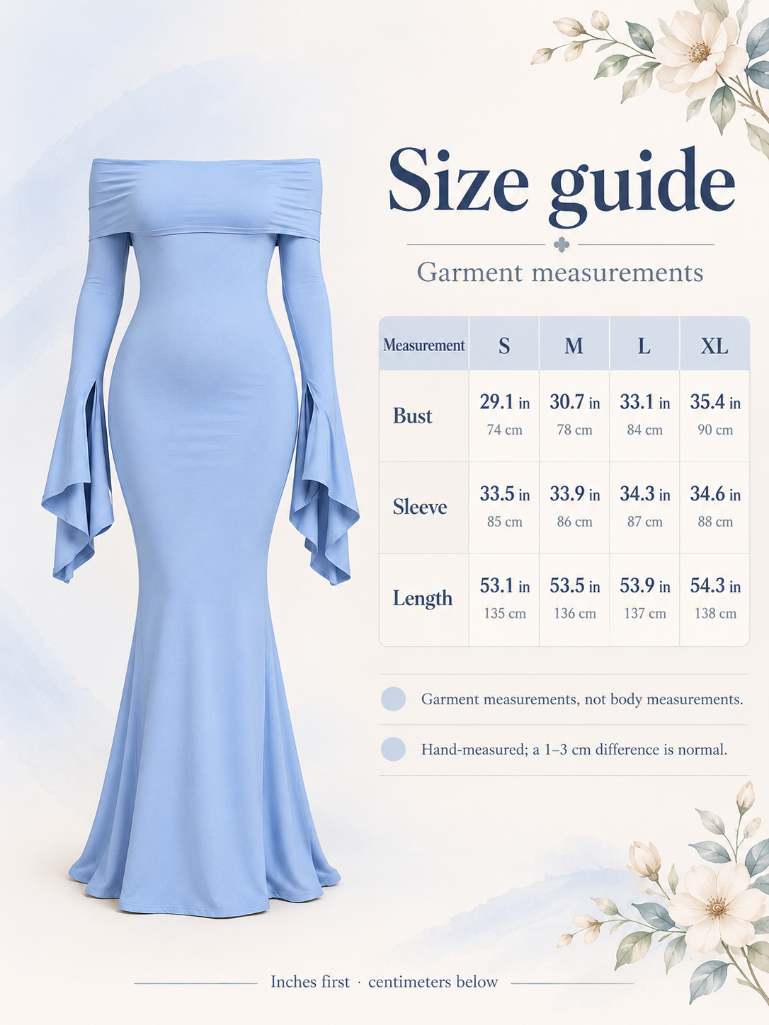 Arabella Periwinkle Blue maternity dress — size guide with S to XL garment measurements in inches and centimeters