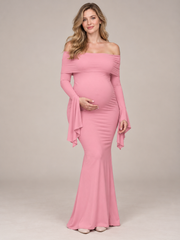 Arabella Rose maternity dress — front view with off-shoulder neckline and bell sleeves