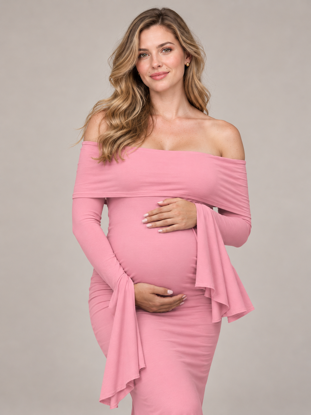 Arabella Rose maternity dress — close-up portrait with off-shoulder neckline, smiling