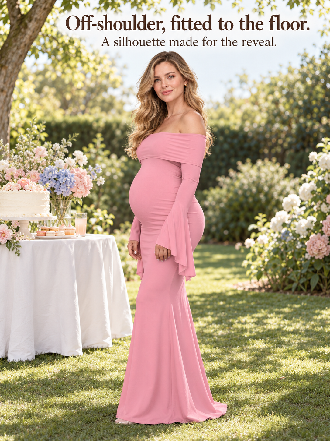 Arabella Rose maternity dress — standing outdoors with a dessert table at dusk