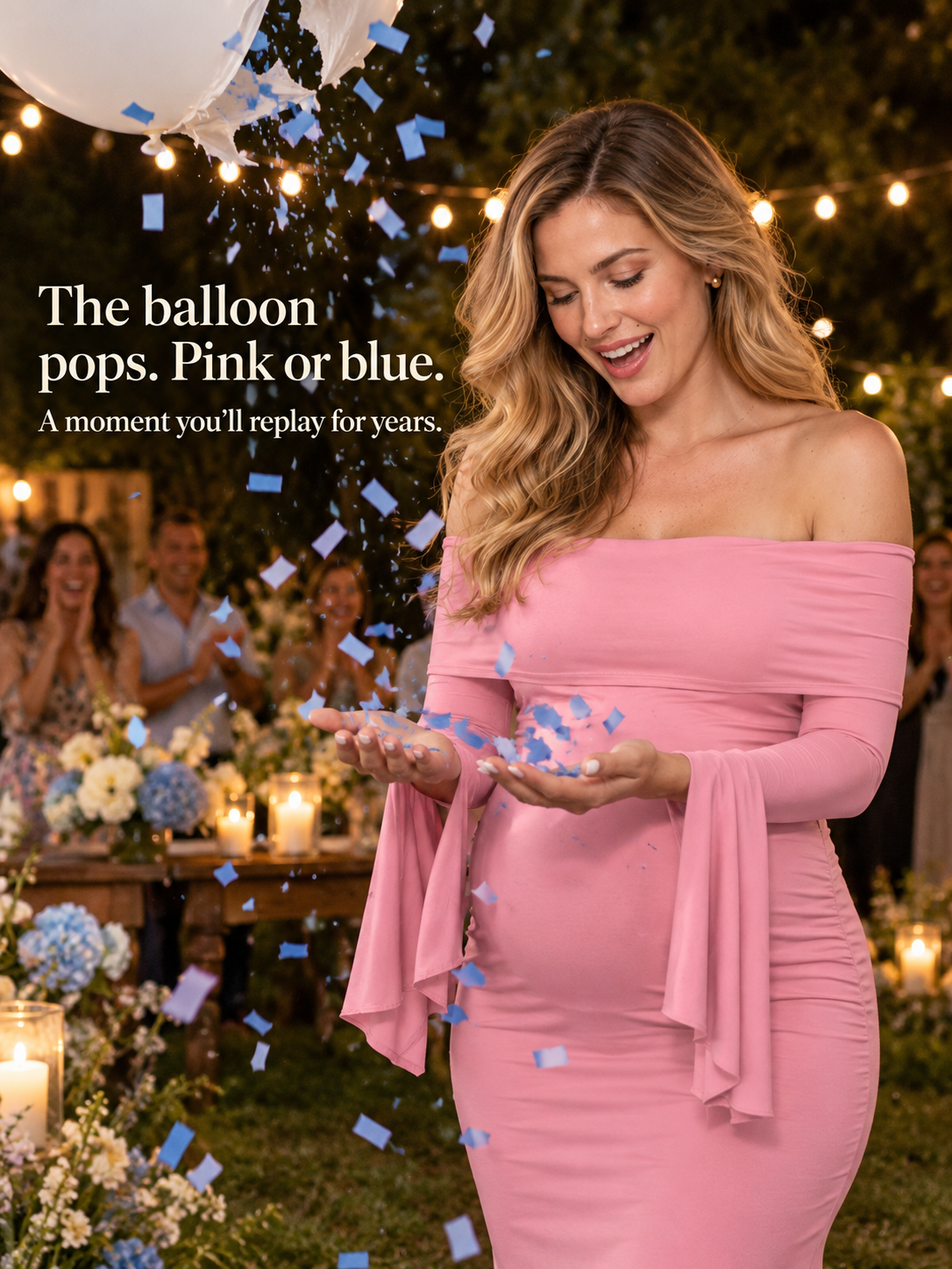 Arabella Rose maternity dress — celebrating with pink and blue confetti falling