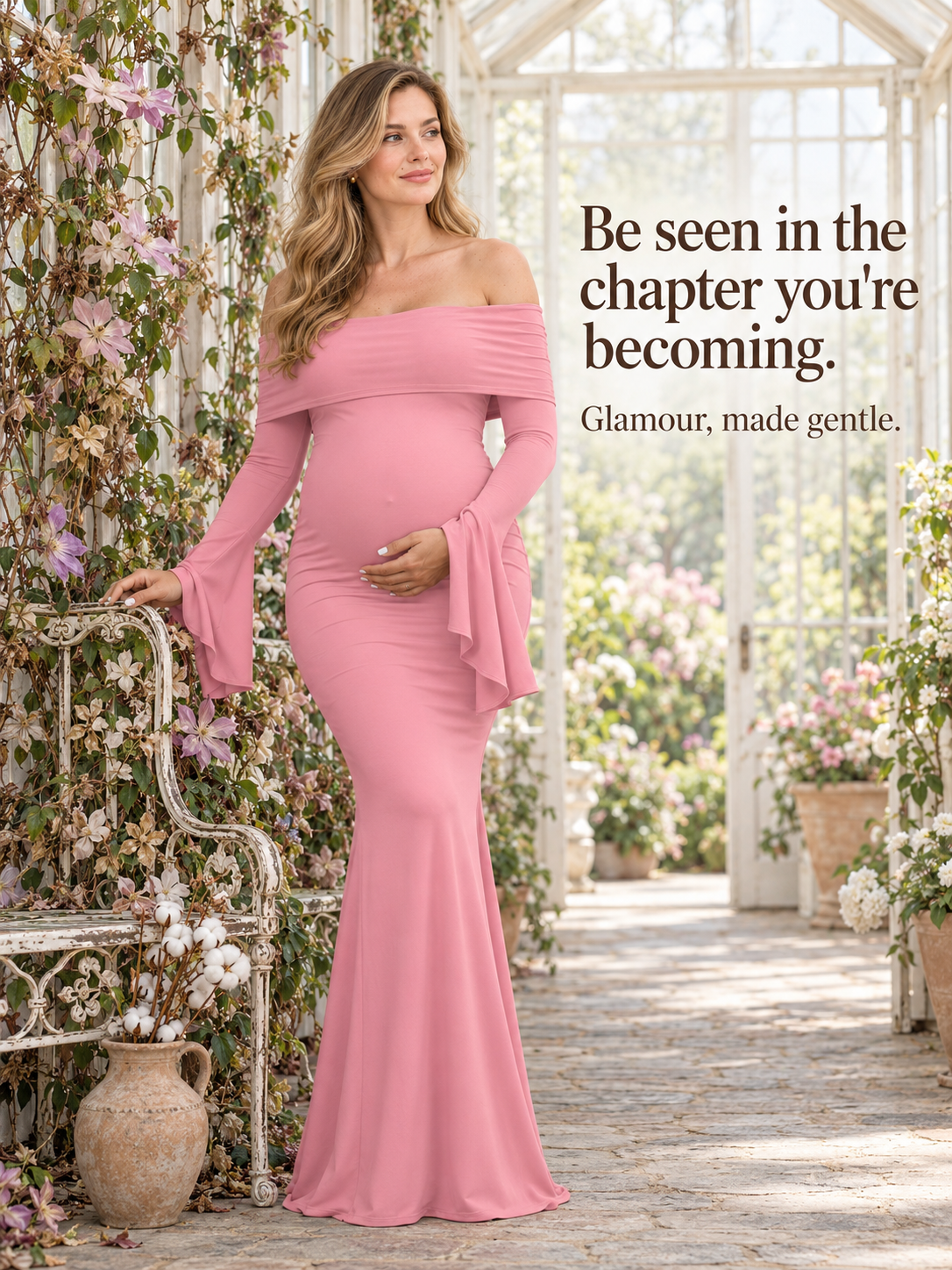 Arabella Rose maternity dress — standing in a sunlit glass conservatory