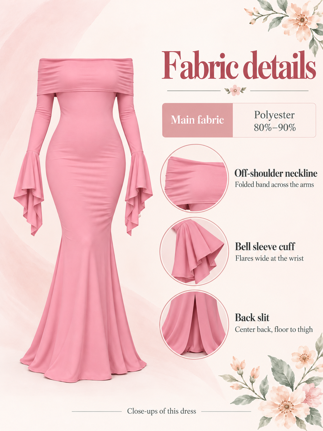 Arabella Rose maternity dress — material guide showing the fabric, off-shoulder neckline, bell cuff and back slit