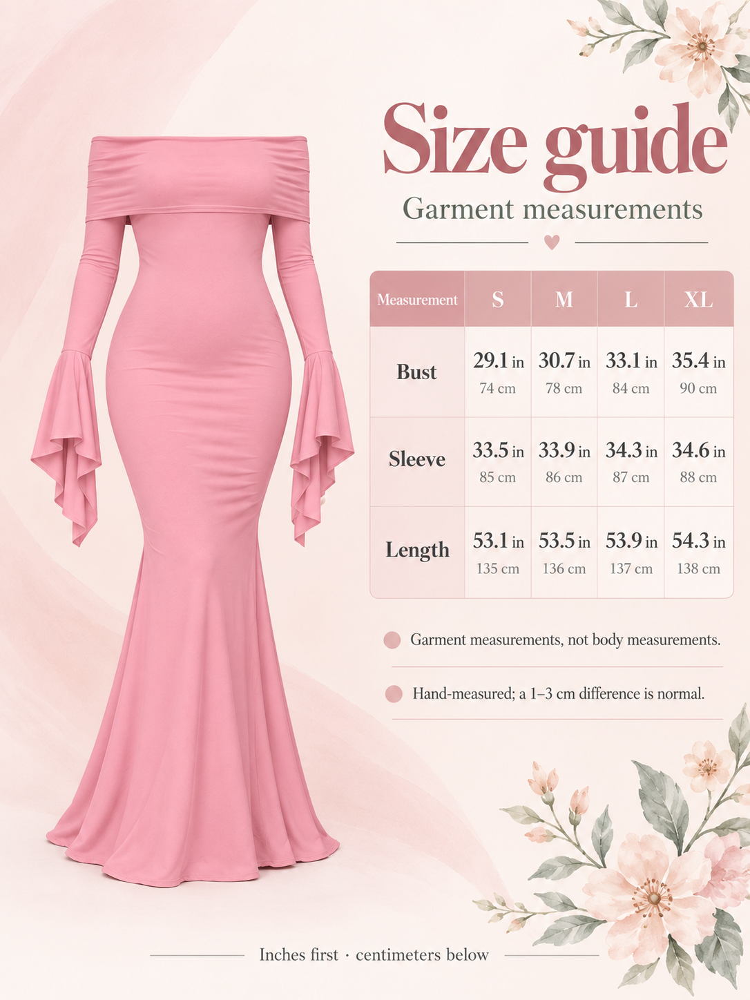Arabella Rose maternity dress — size guide with S to XL garment measurements in inches and centimeters