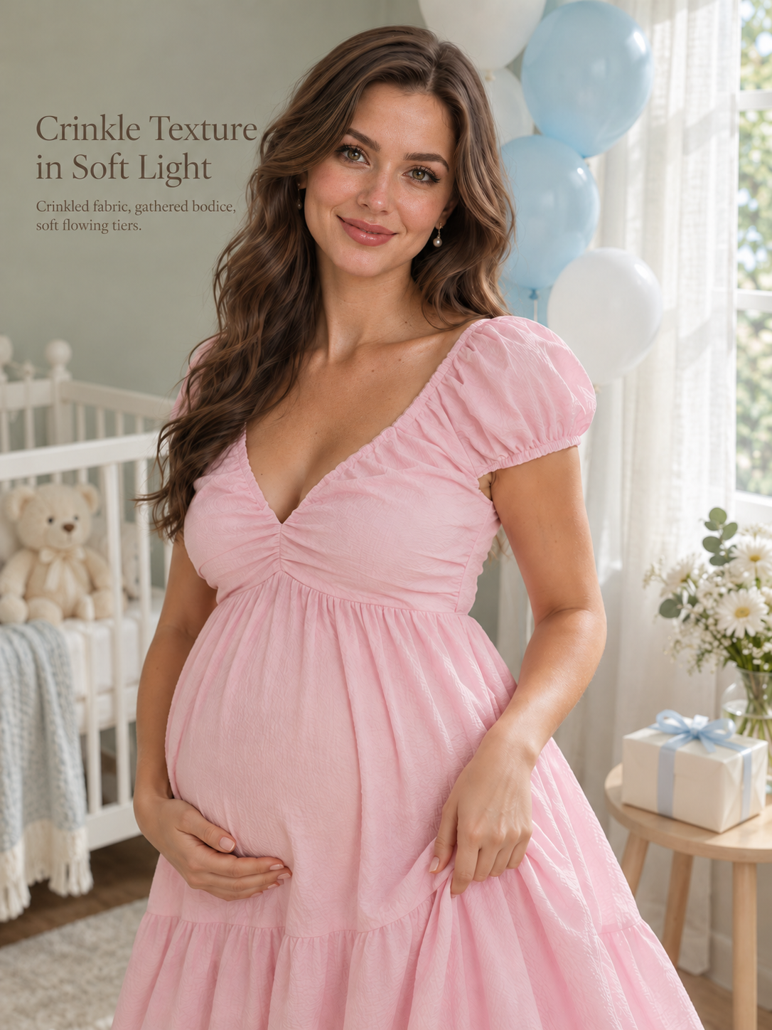 Adeline Baby Pink maternity dress — crinkle texture and gathered bodice in soft nursery light