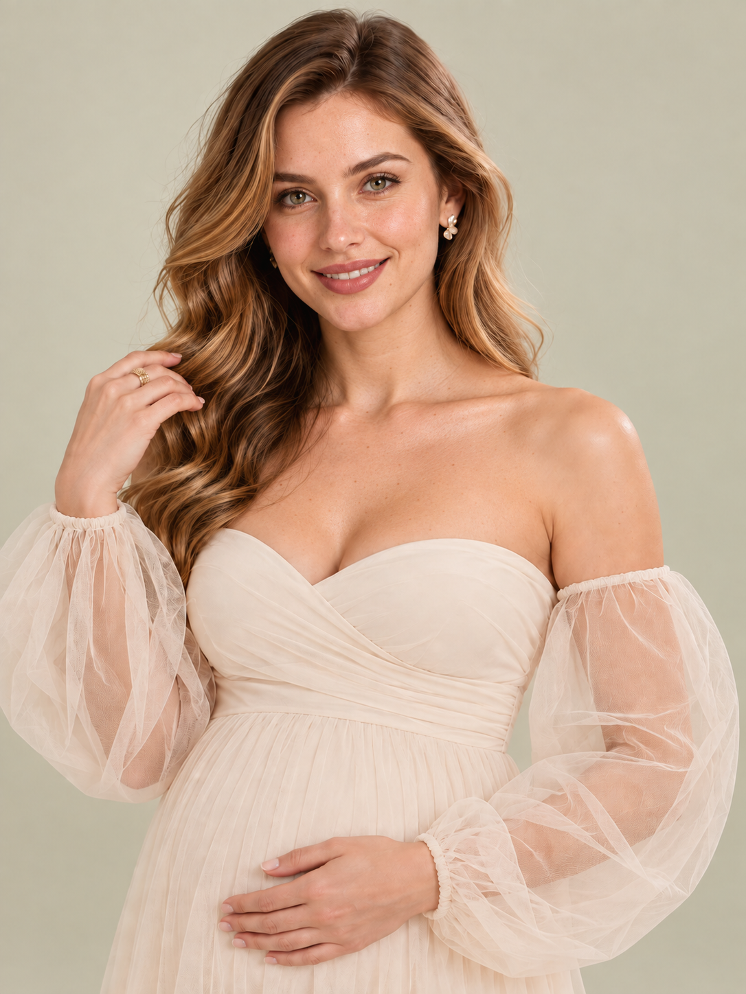Anouk Champagne maternity dress — off-shoulder sheer balloon sleeve with gathered cuff