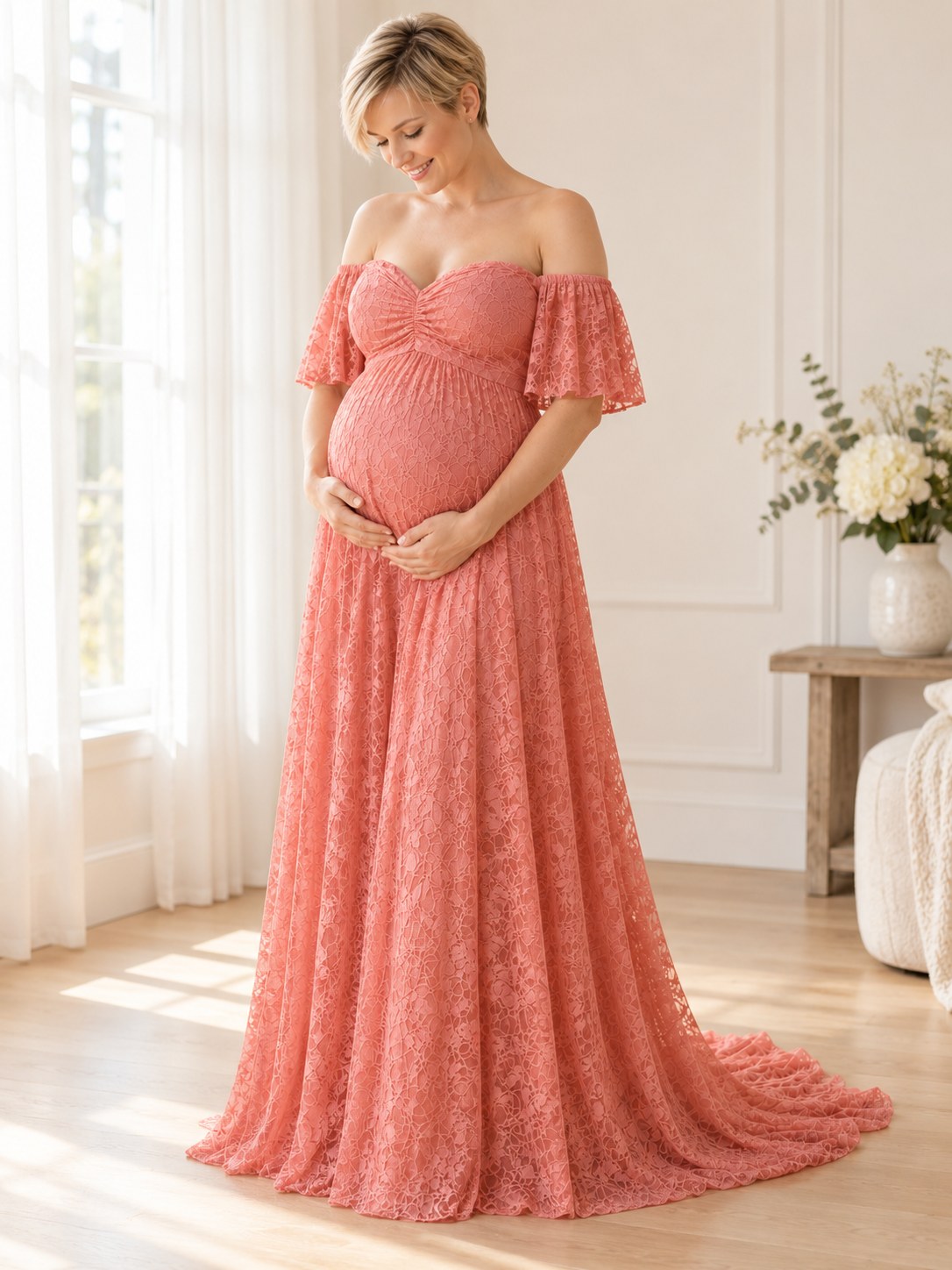 Elowen Coral Bloom Maternity Baby Shower Dress