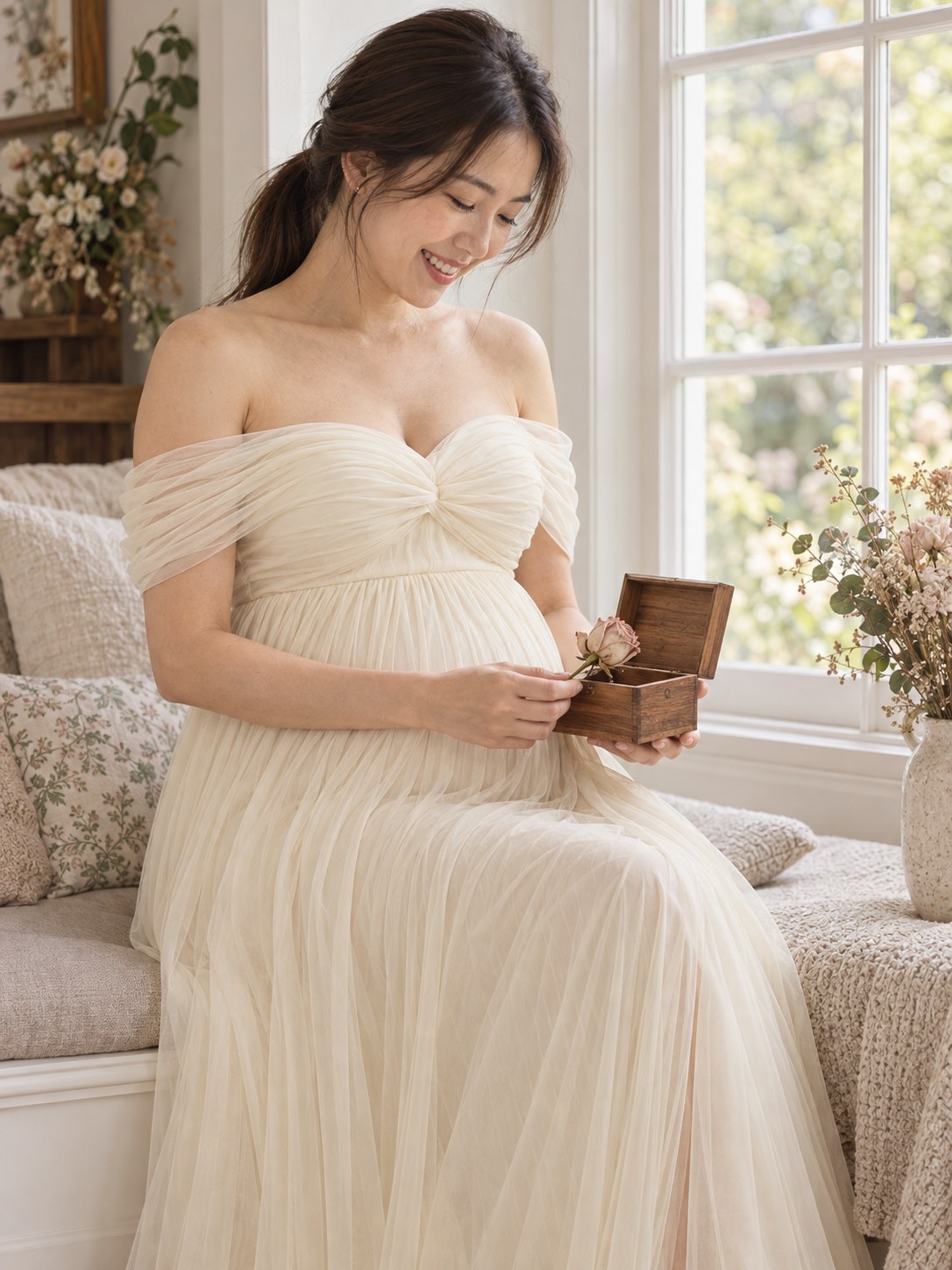 Mom-to-be in a champagne maternity gown placing a dried rose from her bouquet into a keepsake box