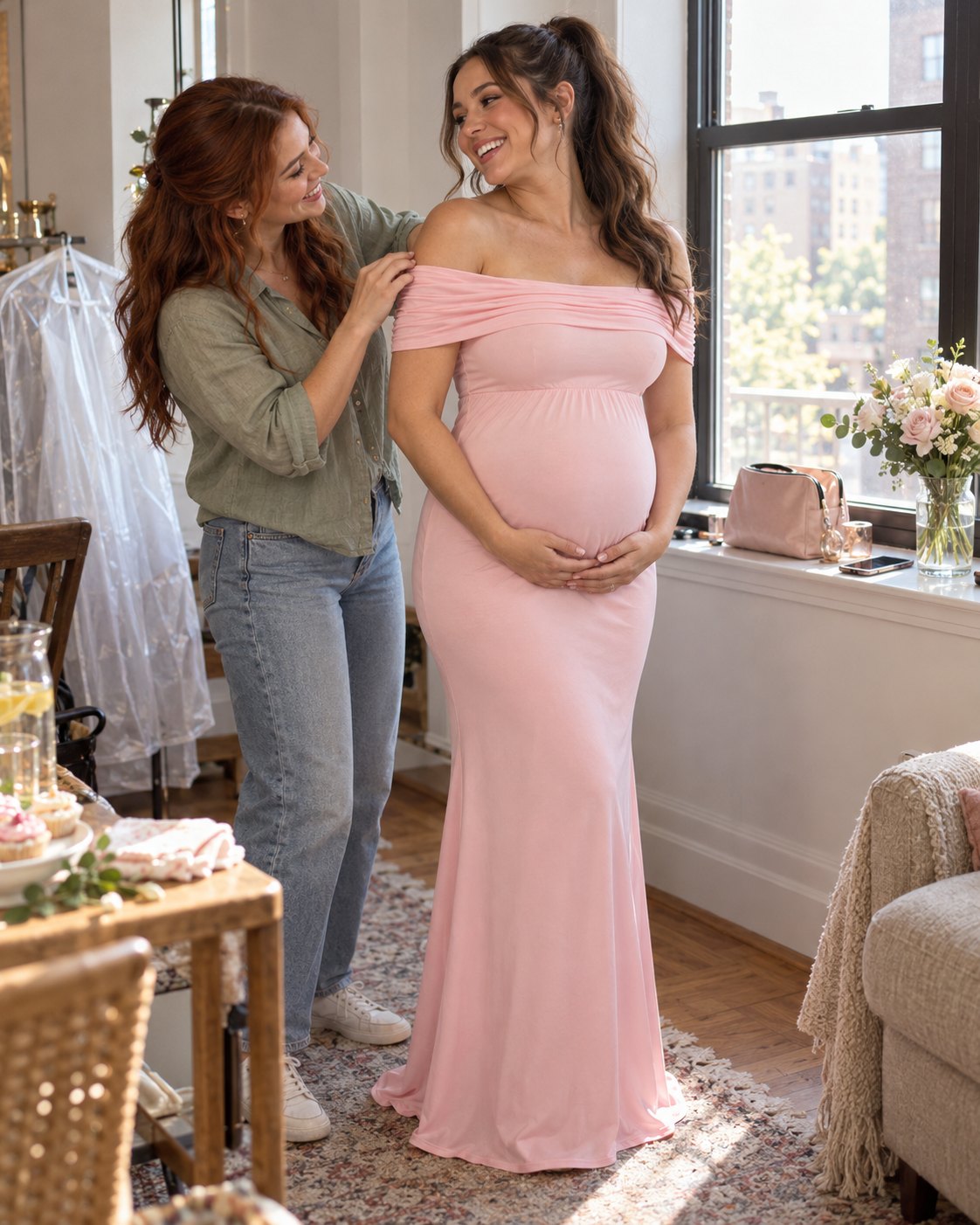 Mom-to-be in a pastel pink jersey maternity dress as her sister smooths the off-shoulder edge before her baby shower