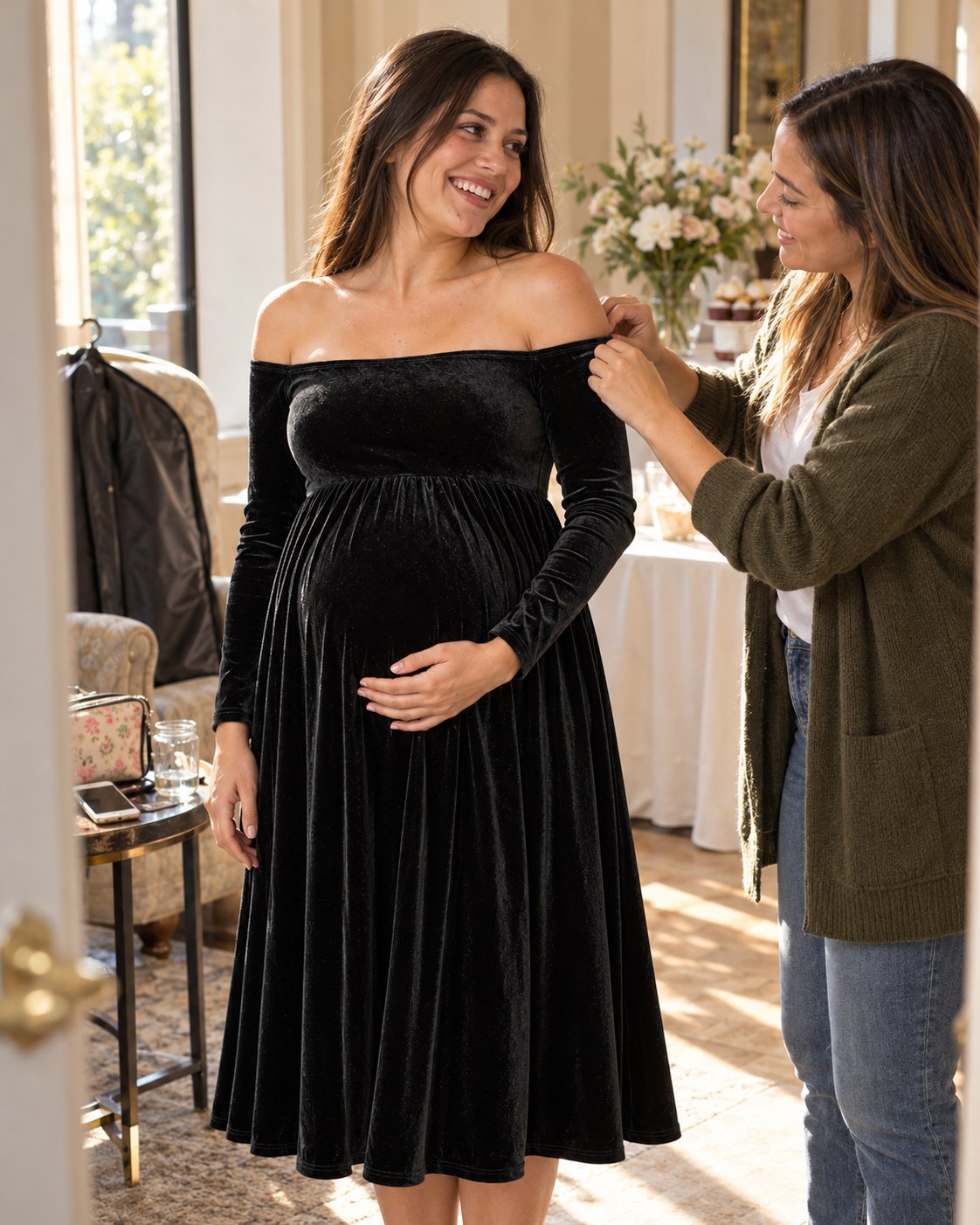 Mom-to-be in a black velvet maternity dress as her sister smooths the off-shoulder edge before her baby shower