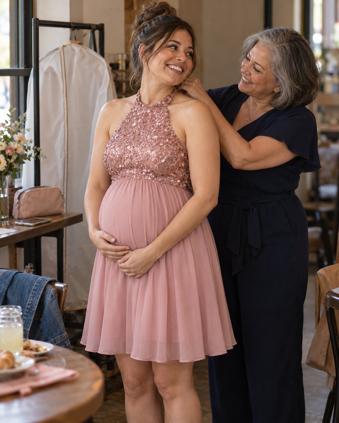 Mom-to-be in a dusty pink sequin maternity dress as her mother fastens the halter collar before her baby shower