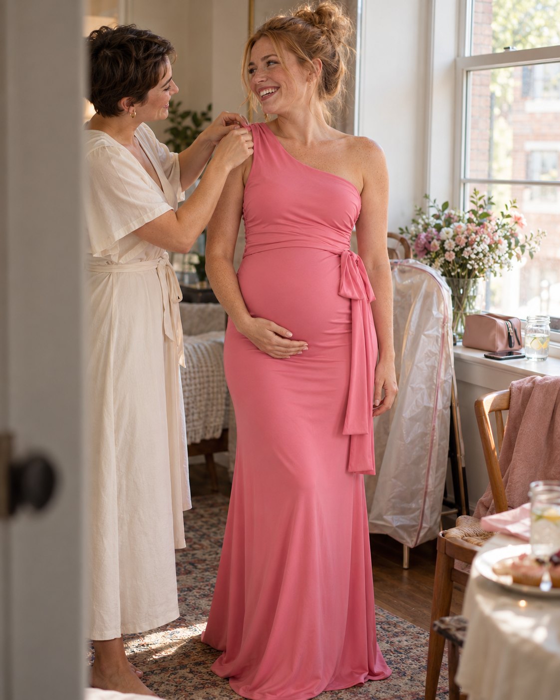 Mom-to-be in a rose pink one-shoulder maternity dress as her sister-in-law smooths the one-shoulder neckline before her baby shower