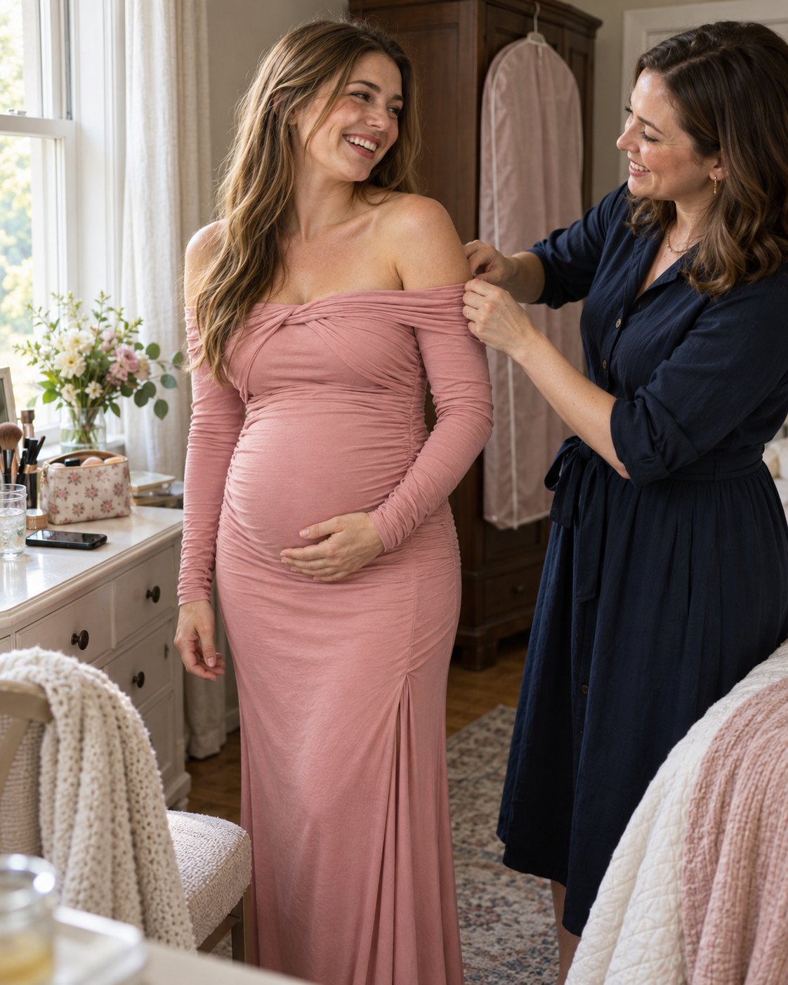 Mom-to-be in a dusty rose knit maternity dress as her sister-in-law smooths the off-shoulder edge before her baby shower