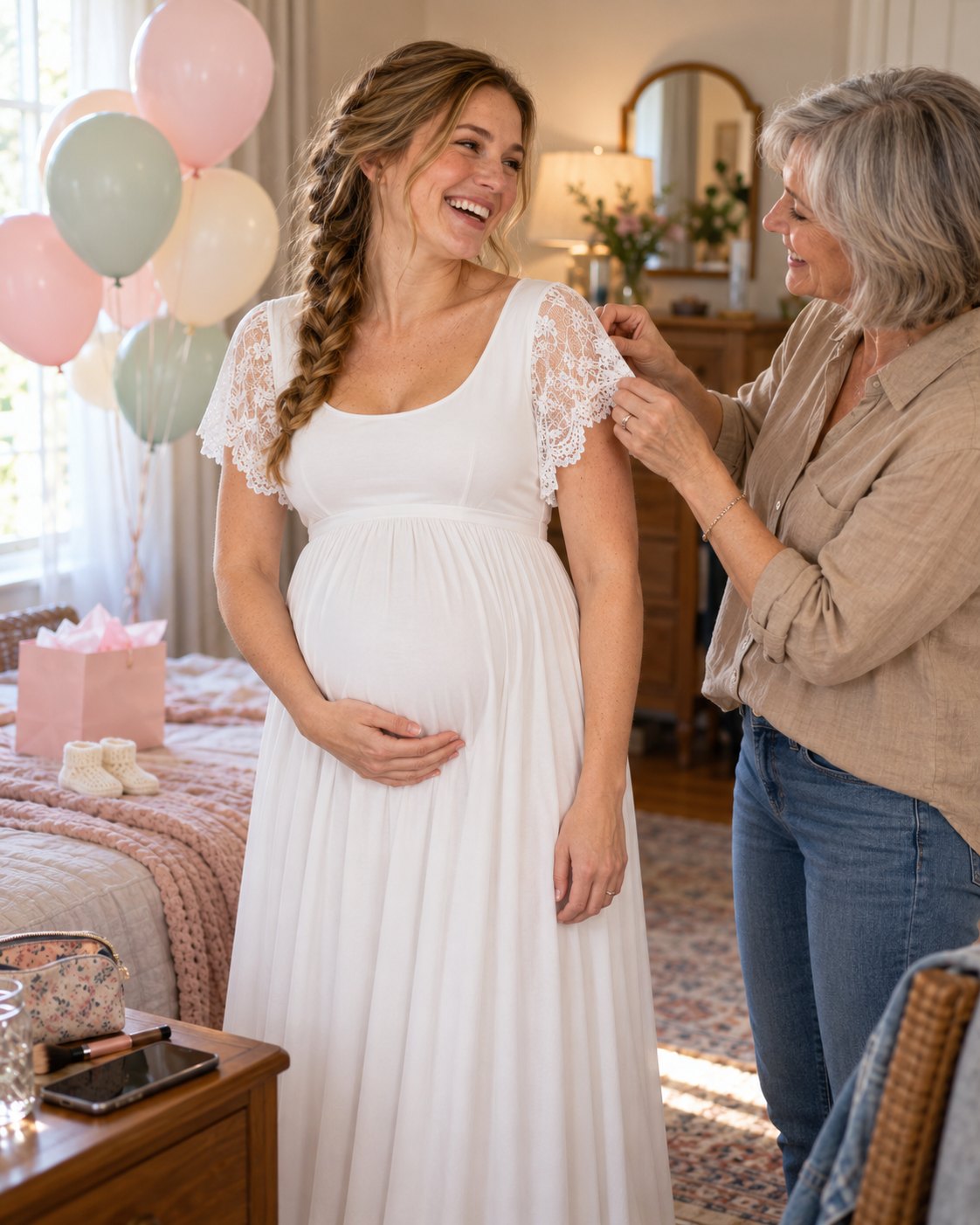 Mom-to-be in a white lace-sleeve maxi maternity dress as her aunt settles a flutter sleeve before her baby shower