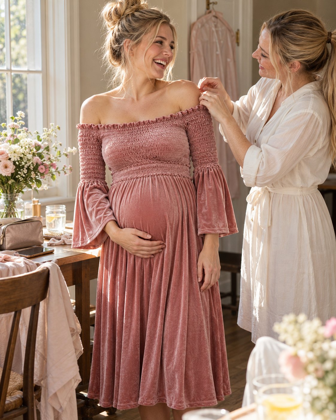Mom-to-be in a dusty rose smocked velvet maternity dress as her oldest friend smooths the off-shoulder edge before her baby shower