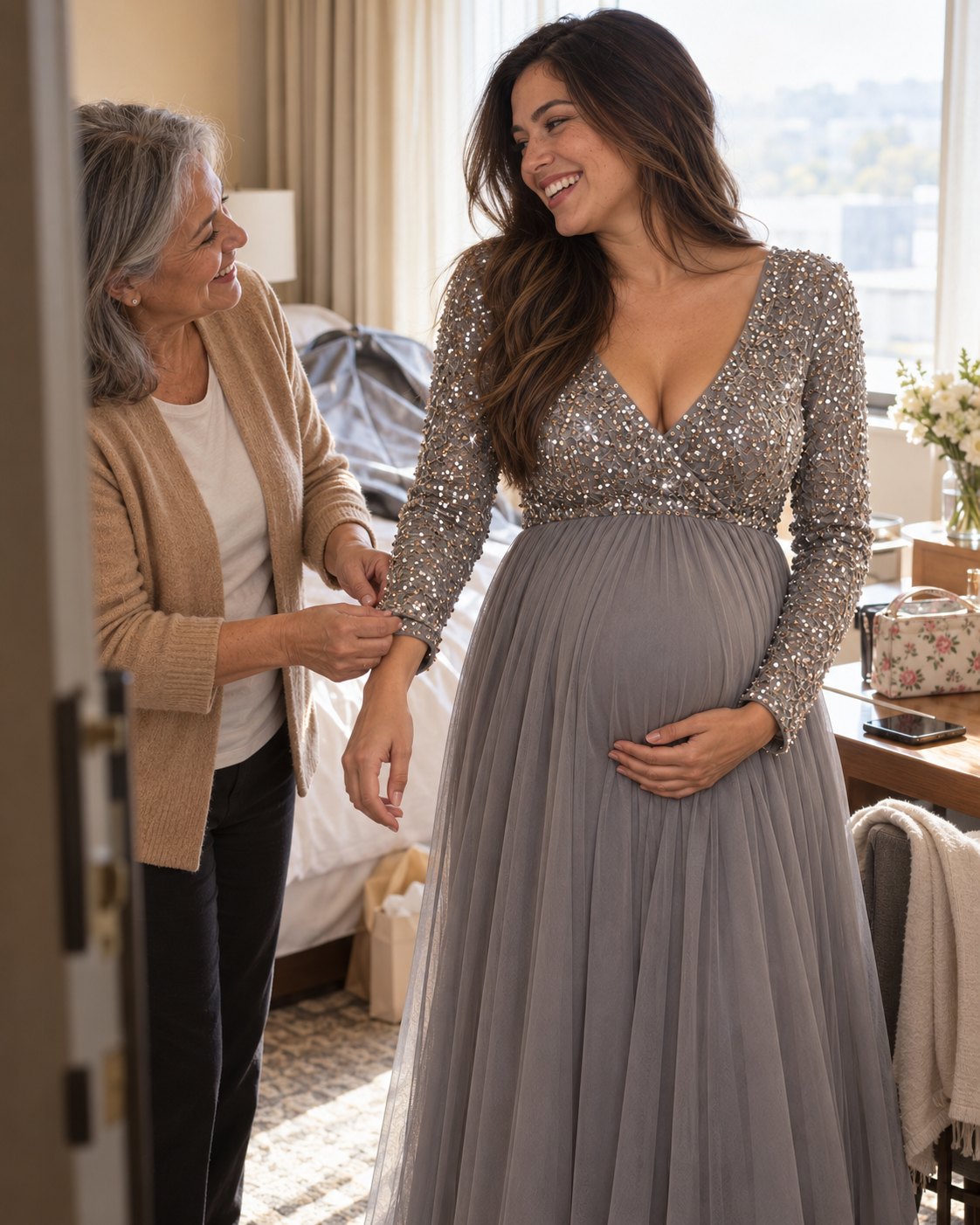 Mom-to-be in a silver sequin gray tulle maternity dress as her mother straightens a sleeve cuff before her baby shower