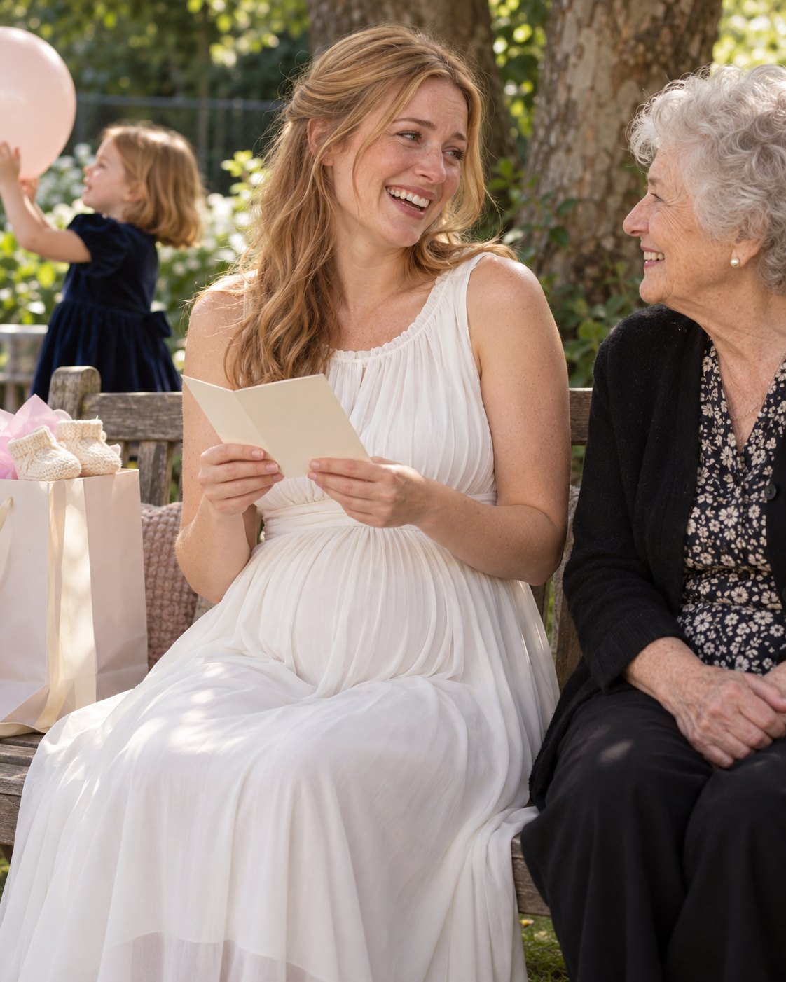 Mom-to-be in a ivory-white chiffon maternity dress reading a card from her grandmother on a garden bench after the party