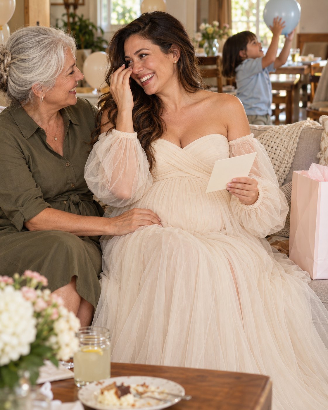 Mom-to-be in a champagne cream tulle maternity dress reading a card from her mother-in-law on the sofa after the party