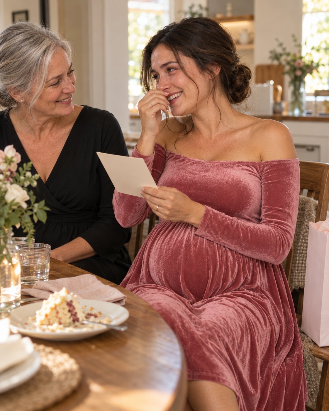 Mom-to-be in a dusty rose velvet maternity dress reading a card from her mother-in-law at the kitchen table after the party