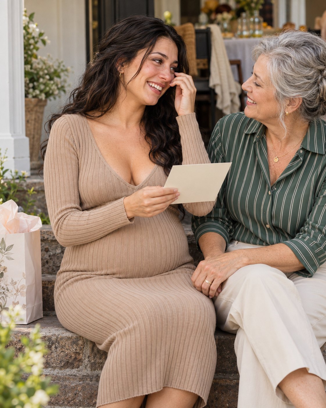 Mom-to-be in a taupe ribbed knit maternity dress reading a card from her mother on the porch steps after the party