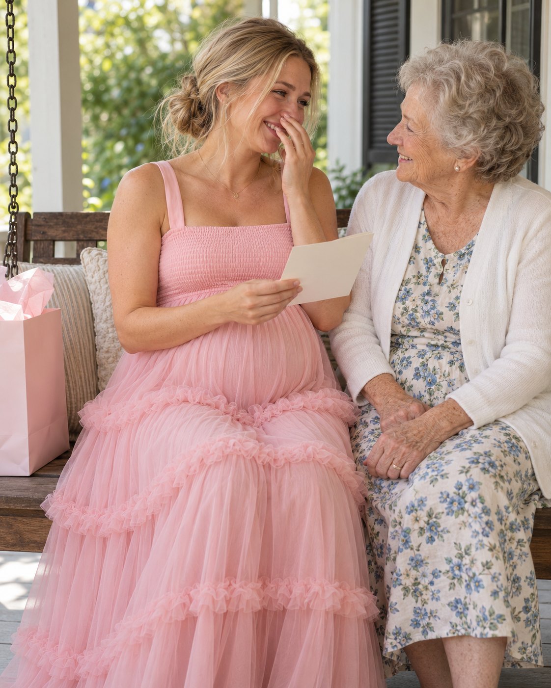 Mom-to-be in a light pink tiered tulle maternity dress reading a card from her great-aunt on a porch swing after the party