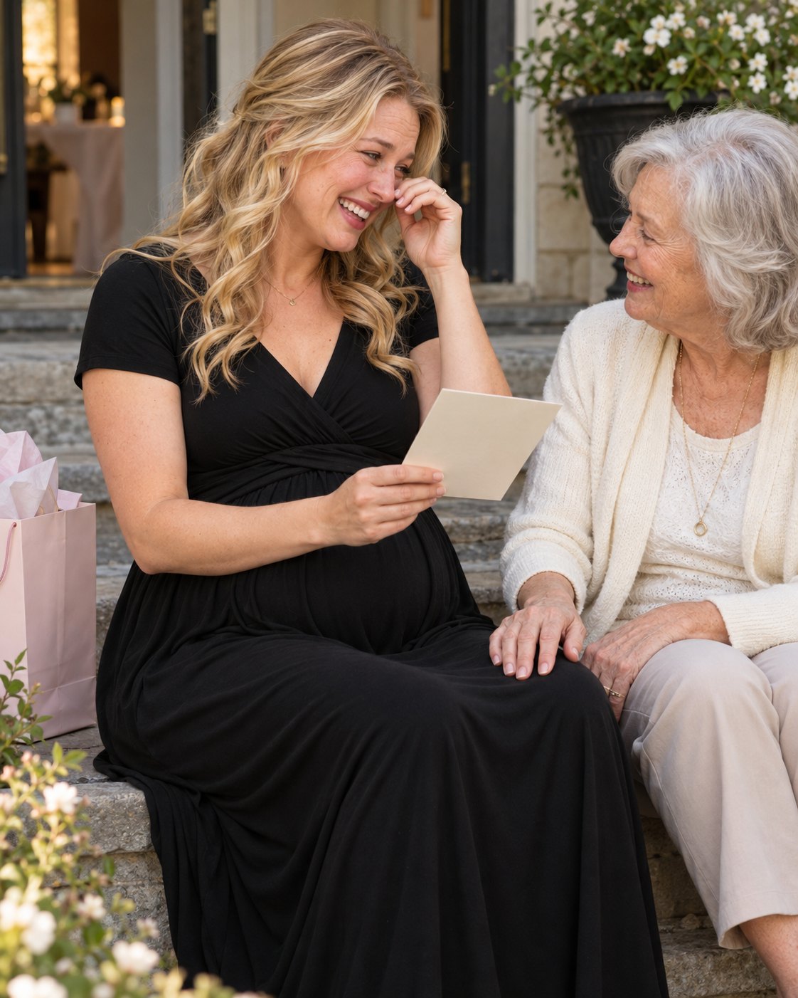 Mom-to-be in a black jersey maternity dress reading a card from her great-aunt on the front steps after the party