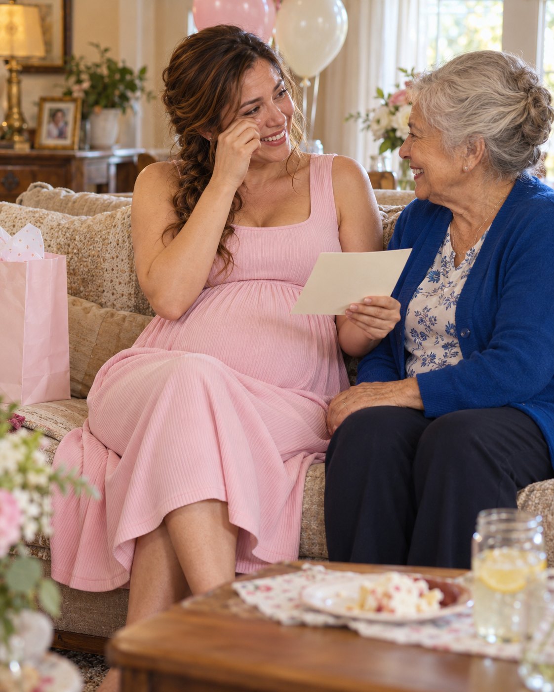 Mom-to-be in a pale pink rib knit maternity dress reading a card from her great-aunt on the sofa after the party