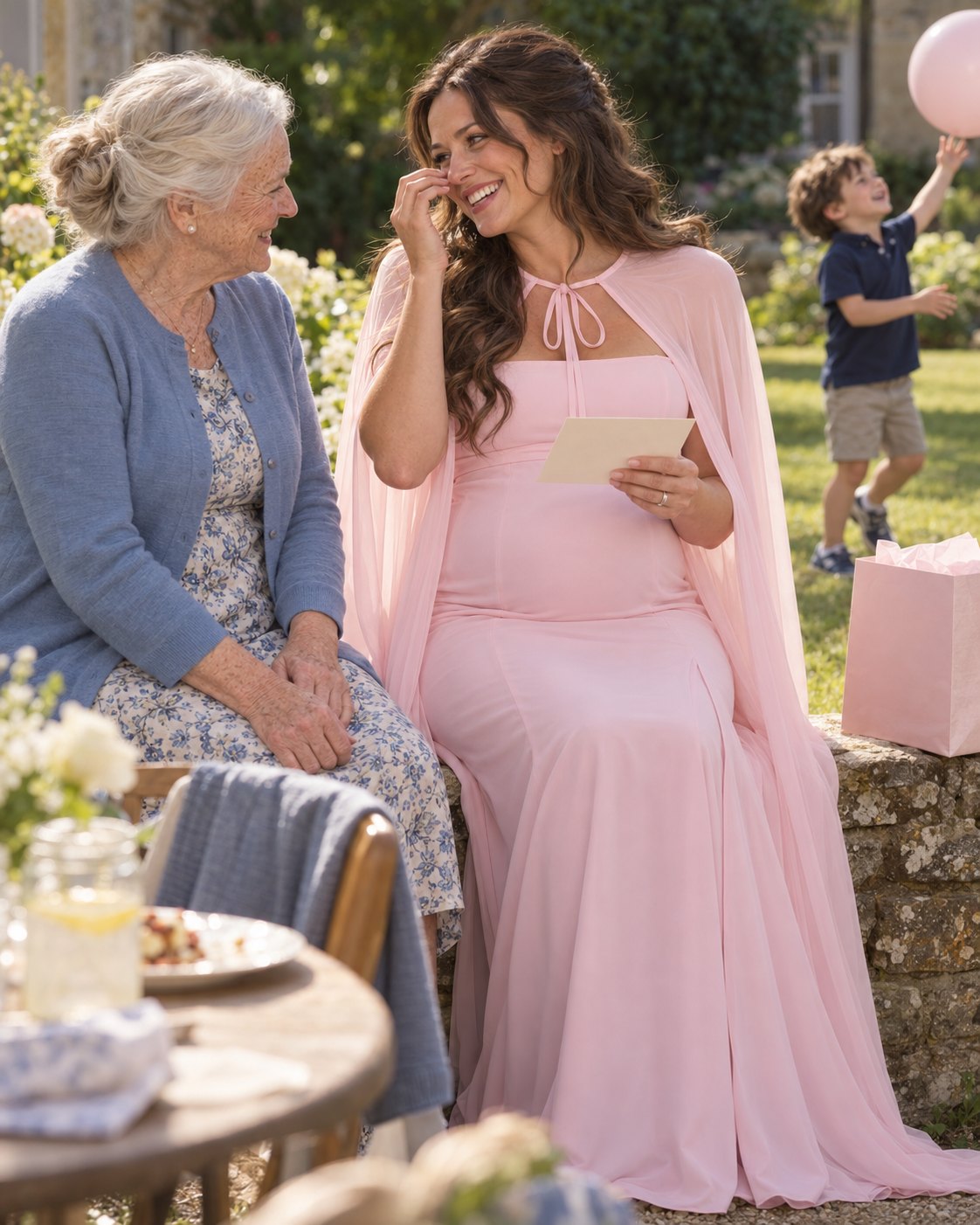 Mom-to-be in a light pink caped maternity dress reading a card from her grandmother on a garden wall after the party