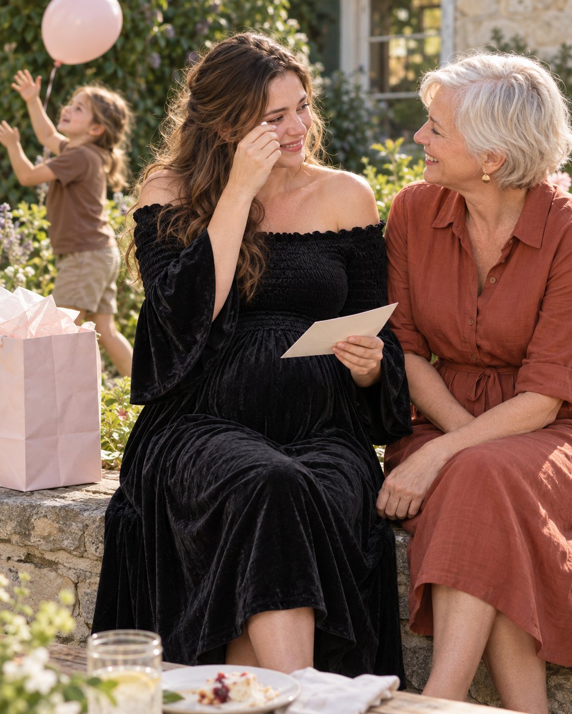 Mom-to-be in a black smocked velvet maternity dress reading a card from her godmother on a garden wall after the party