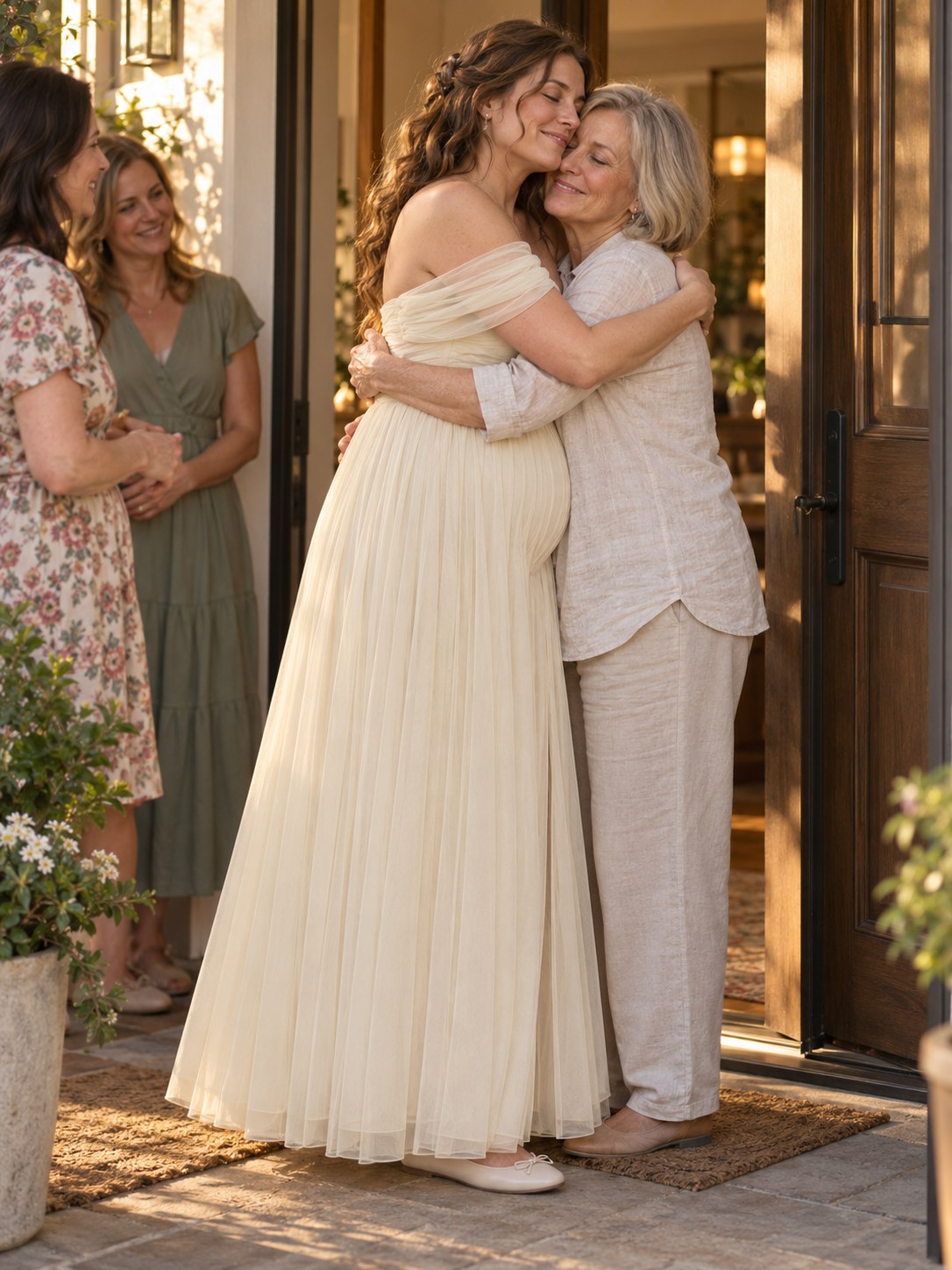 A mom-to-be in a champagne tulle maternity dress hugs her mother goodbye