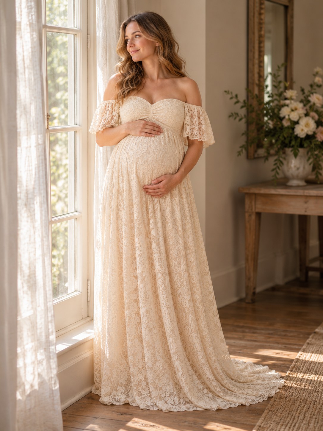 Mom-to-be in a cream lace maternity dress by a window before her baby shower