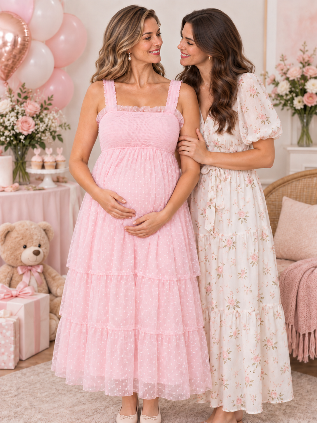 Clara Light Pink maternity dress — baby shower moment with a friend and balloons