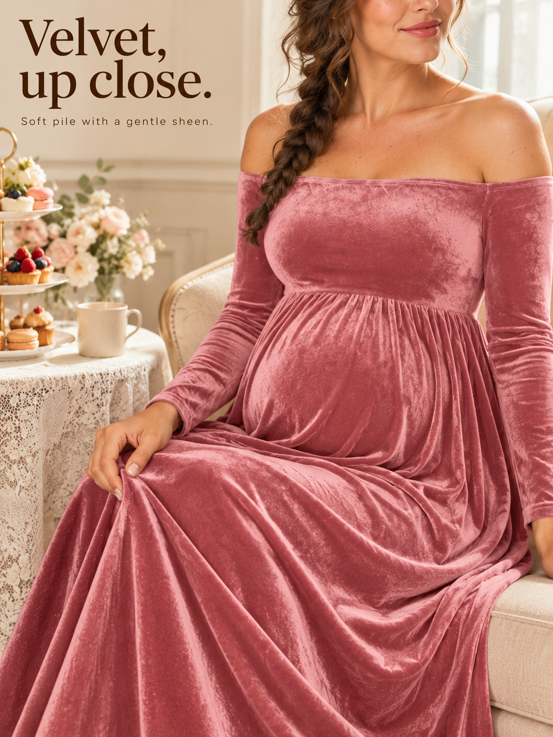Colette Dusty Rose maternity dress — close view of the velvet skirt beside a dessert table