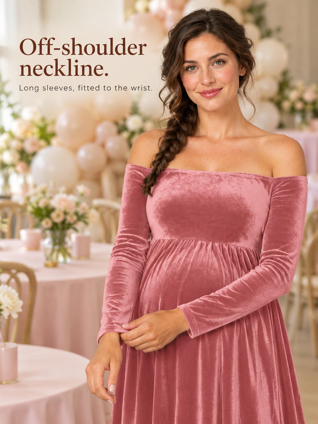 Colette Dusty Rose maternity dress — neckline and sleeve close-up at a balloon-decorated party