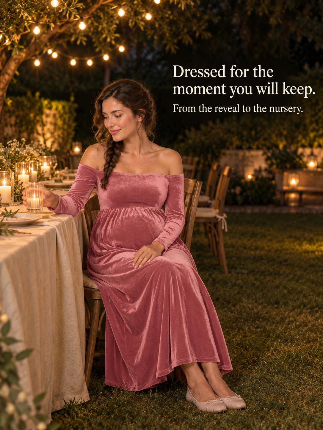 Colette Dusty Rose maternity dress — seated at a candlelit table in an evening garden