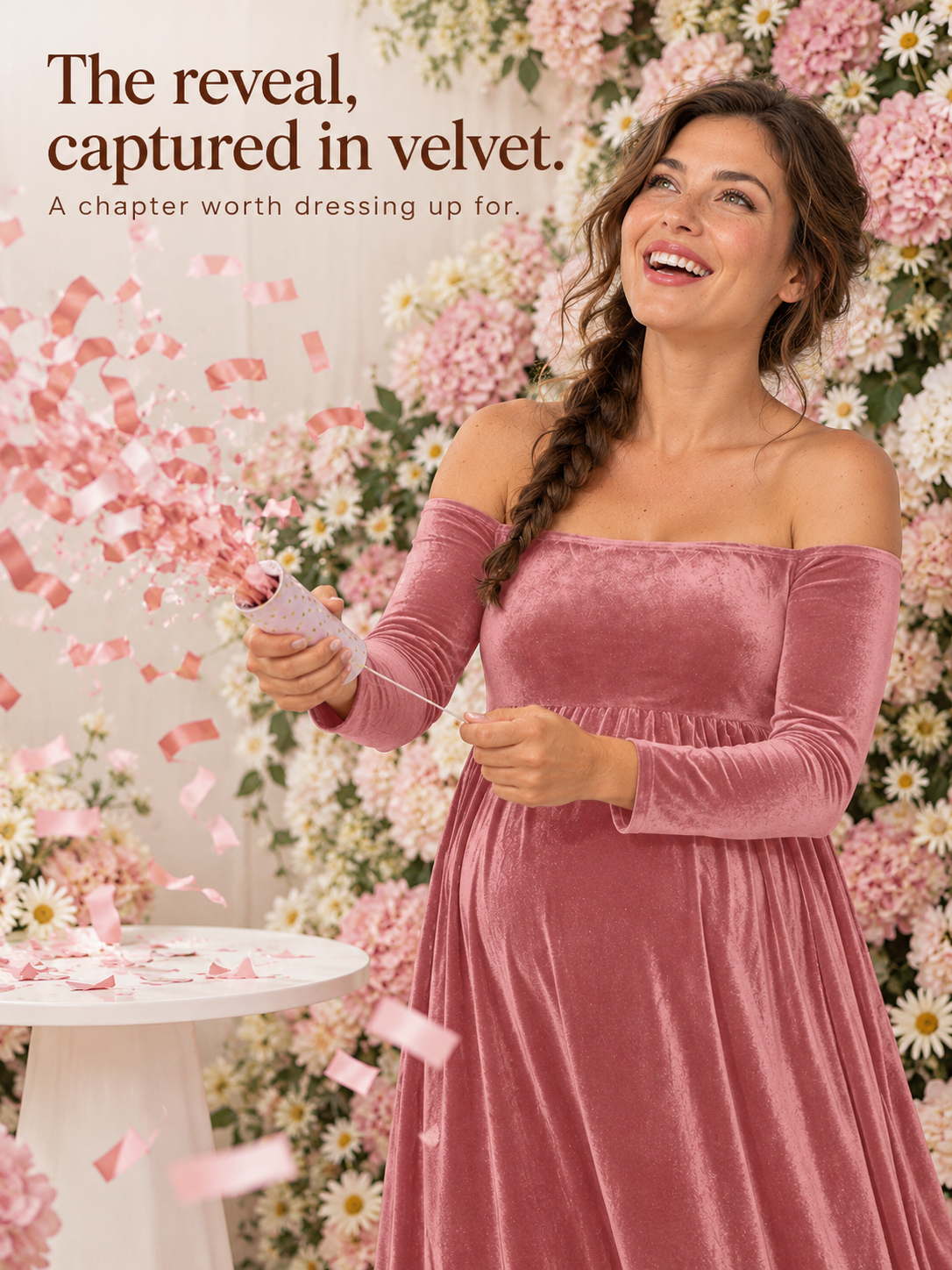 Colette Dusty Rose maternity dress — popping pink confetti at a gender reveal