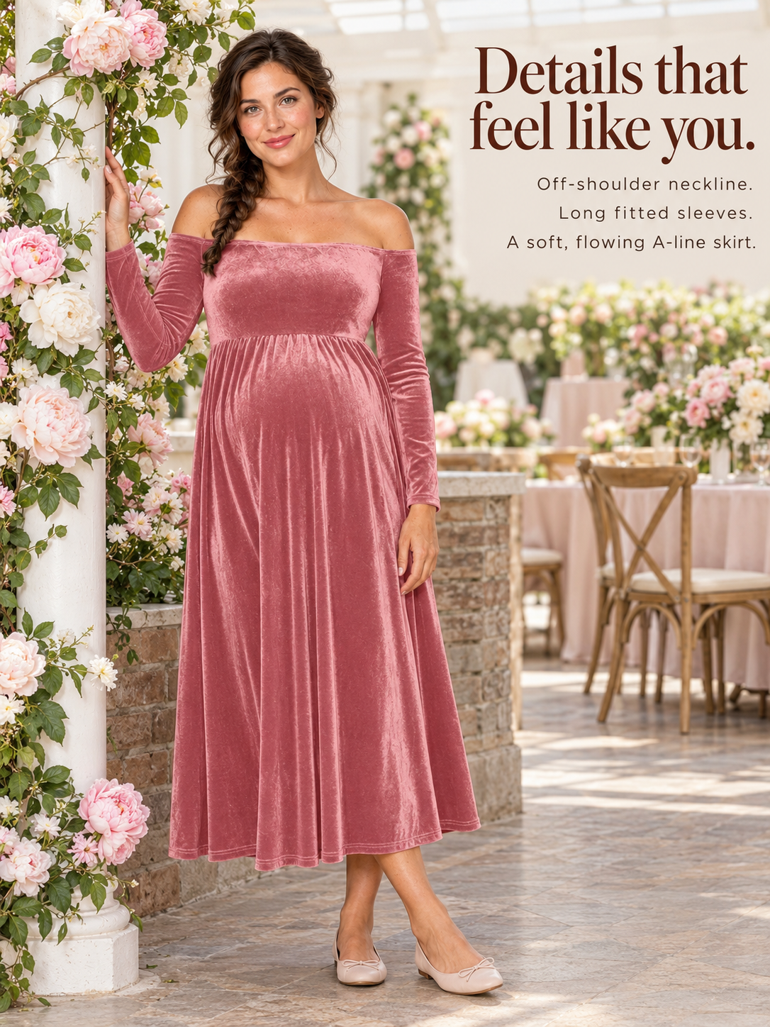 Colette Dusty Rose maternity dress — standing by a rose-wrapped column at a garden reception
