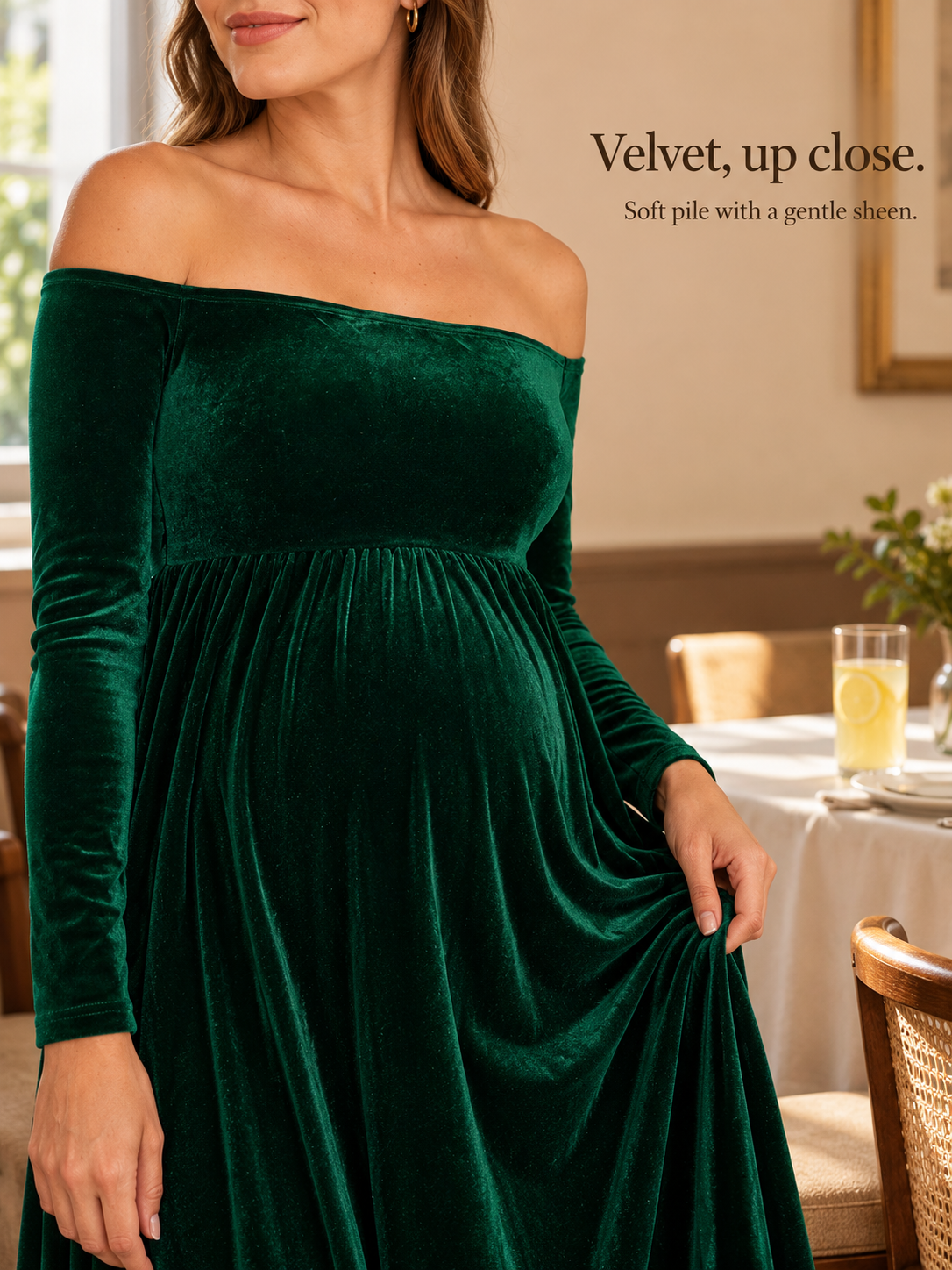 Colette Forest Green maternity dress — close view of the velvet skirt in a sunlit dining room