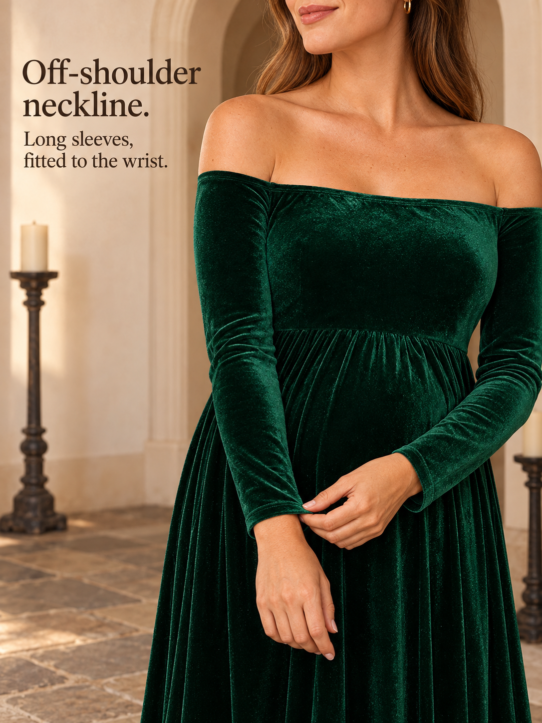 Colette Forest Green maternity dress — neckline and bodice close-up in an arched hallway