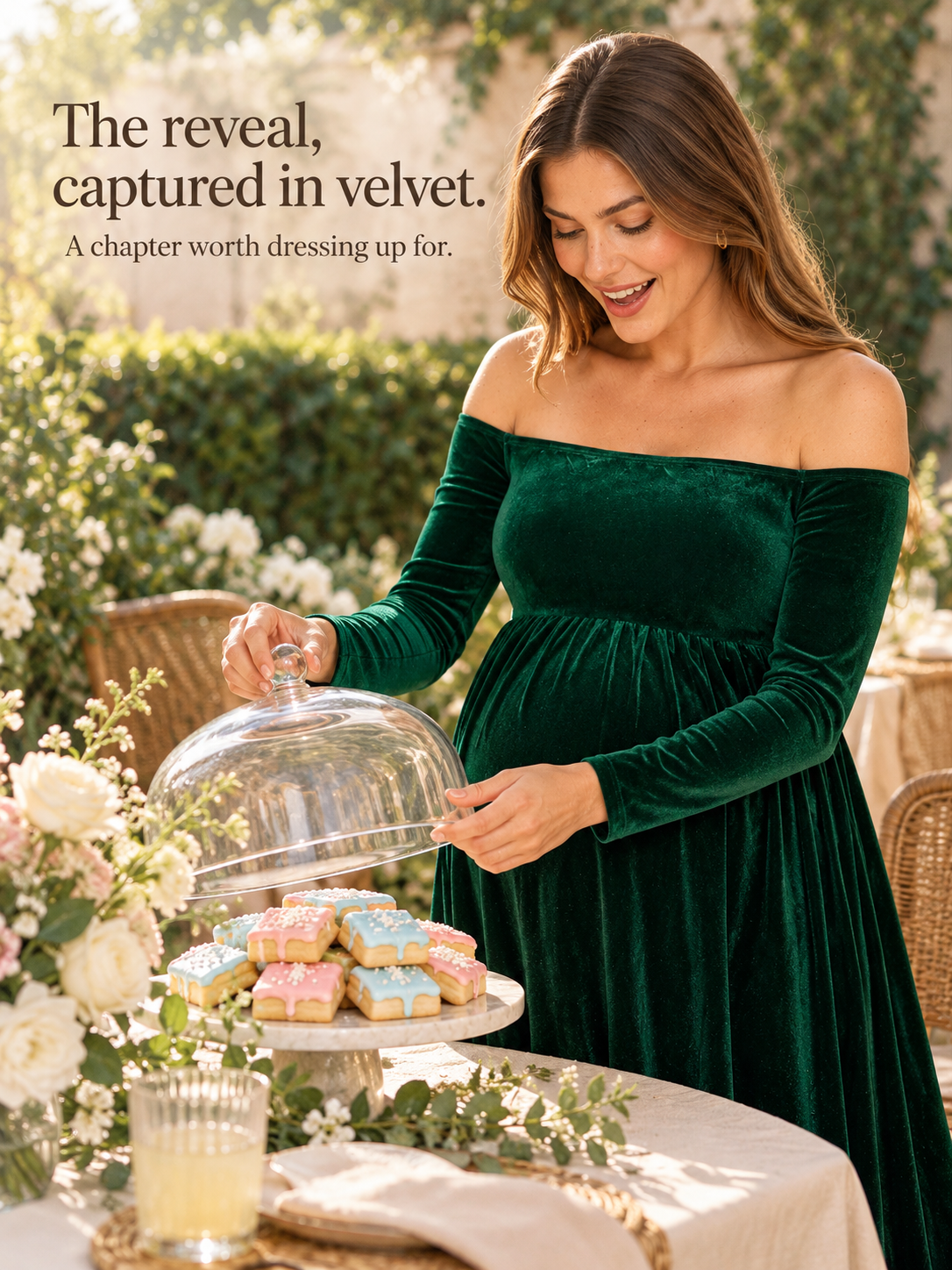 Colette Forest Green maternity dress — lifting a glass cloche over pink and blue cookies