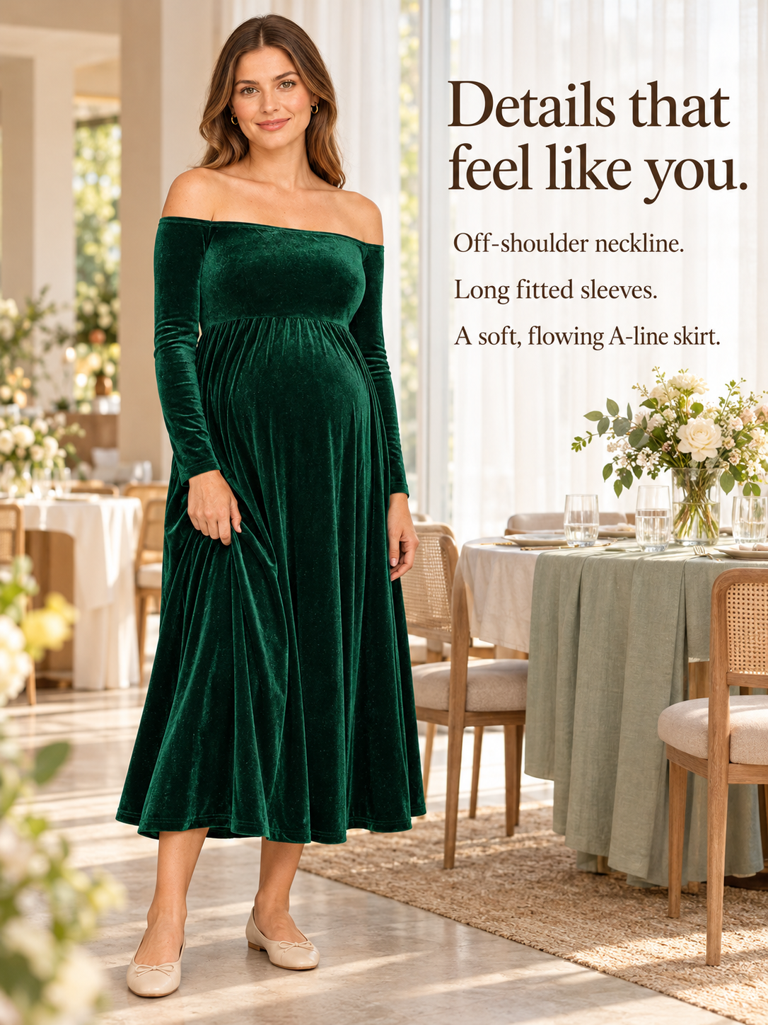 Colette Forest Green maternity dress — standing in a sunlit reception room set for dinner