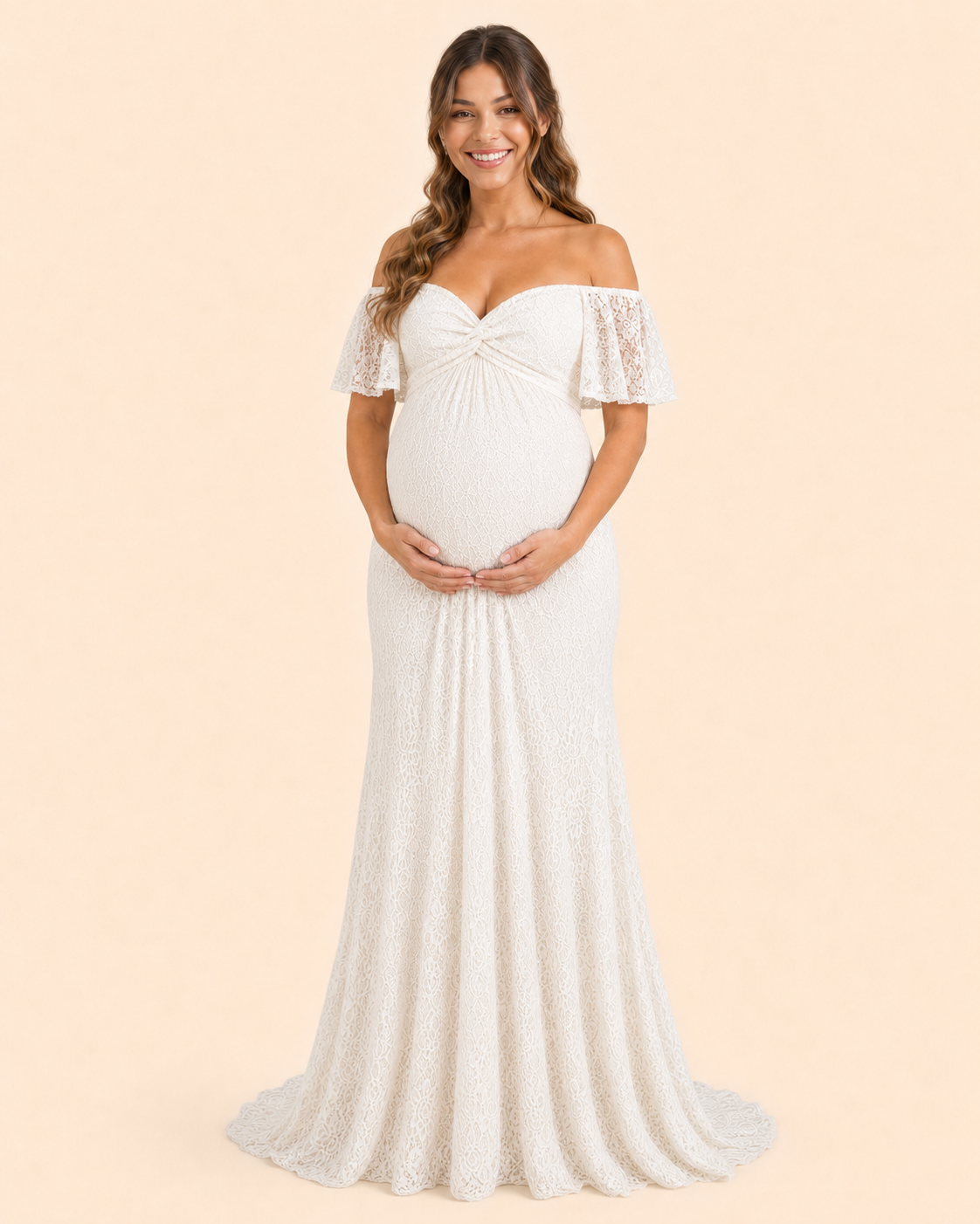 Front standing, off-shoulder, big smile, cream studio