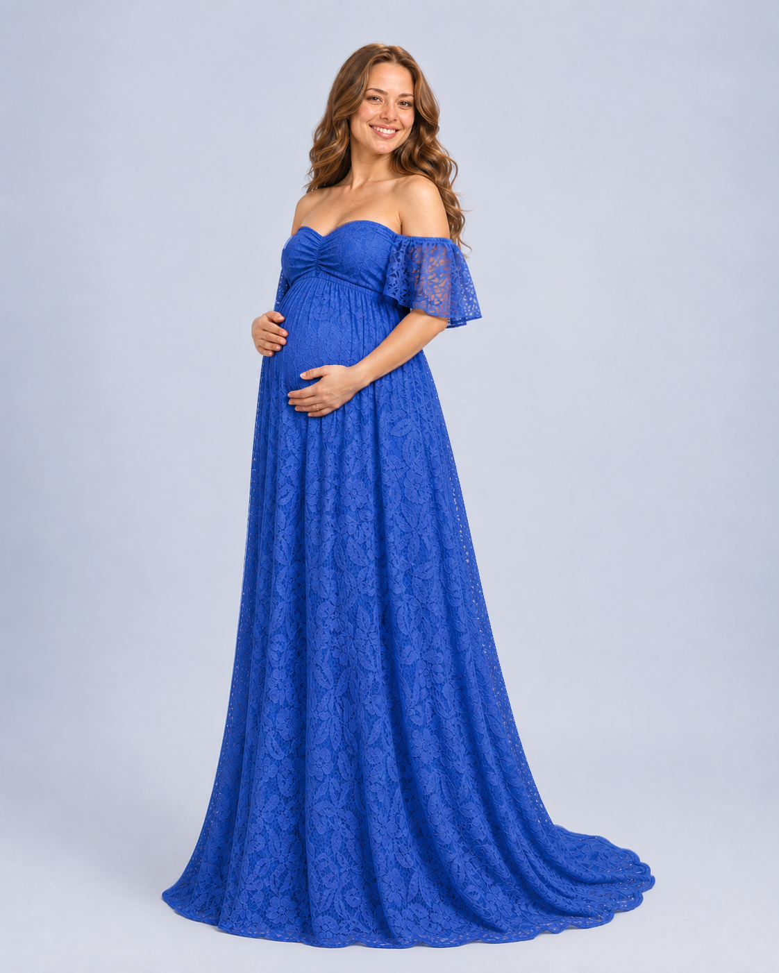 Royal Blue three-quarter profile, empire waist sitting above the bump in saturated blue lace