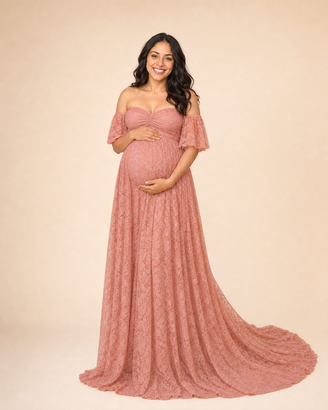 Soft Blush Pink lace maternity maxi, classic front view with off-shoulder sweetheart neckline