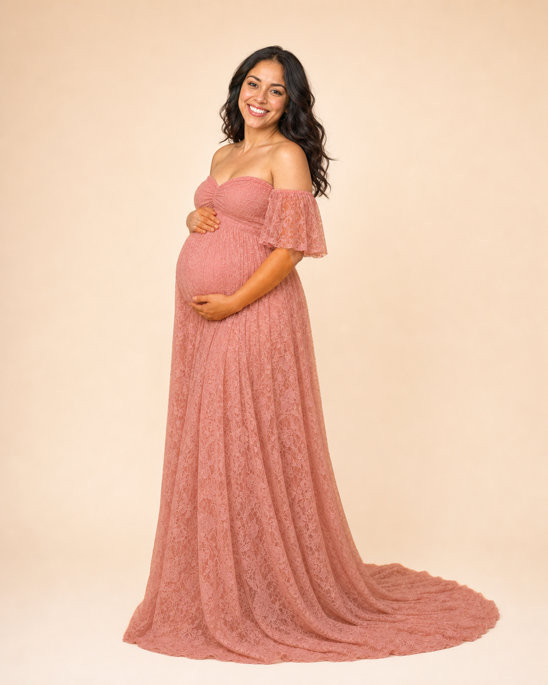 Soft Blush Pink three-quarter stance, empire waist and romantic A-line drape