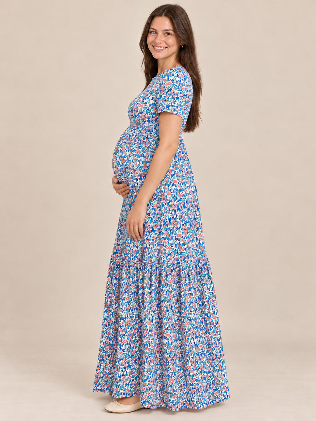 Fleur Blue Floral maternity dress — side view of the high waist and maternity silhouette